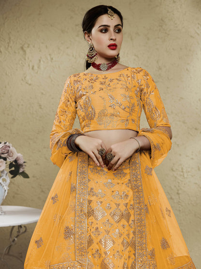 Magnetic Yellow Sequins Embroidered Slub Silk Haldi Wear Lehenga Choli - Zeel Clothing