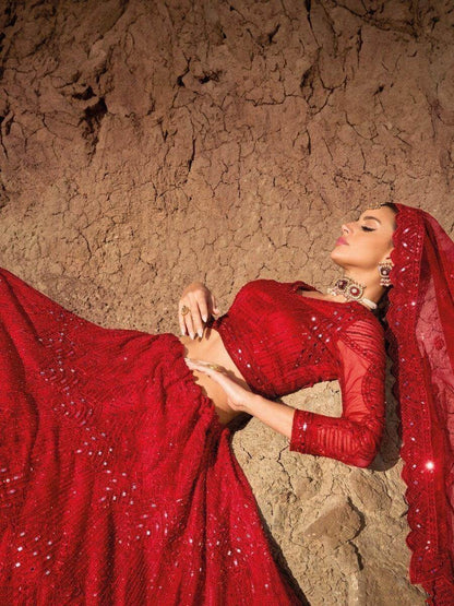 Magnificent Red Mirror Work Net Engagement Wear Lehenga Choli - Zeel Clothing