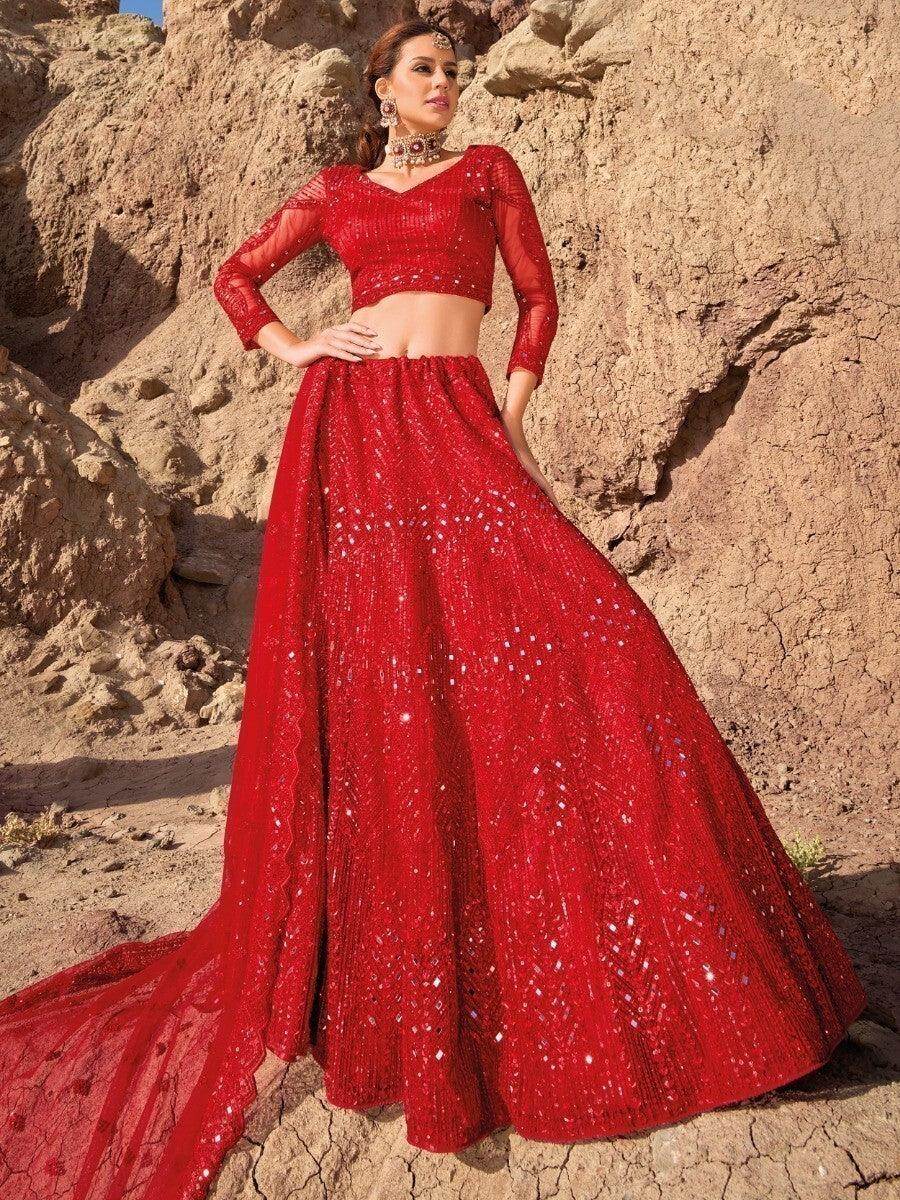 Magnificent Red Mirror Work Net Engagement Wear Lehenga Choli - Zeel Clothing