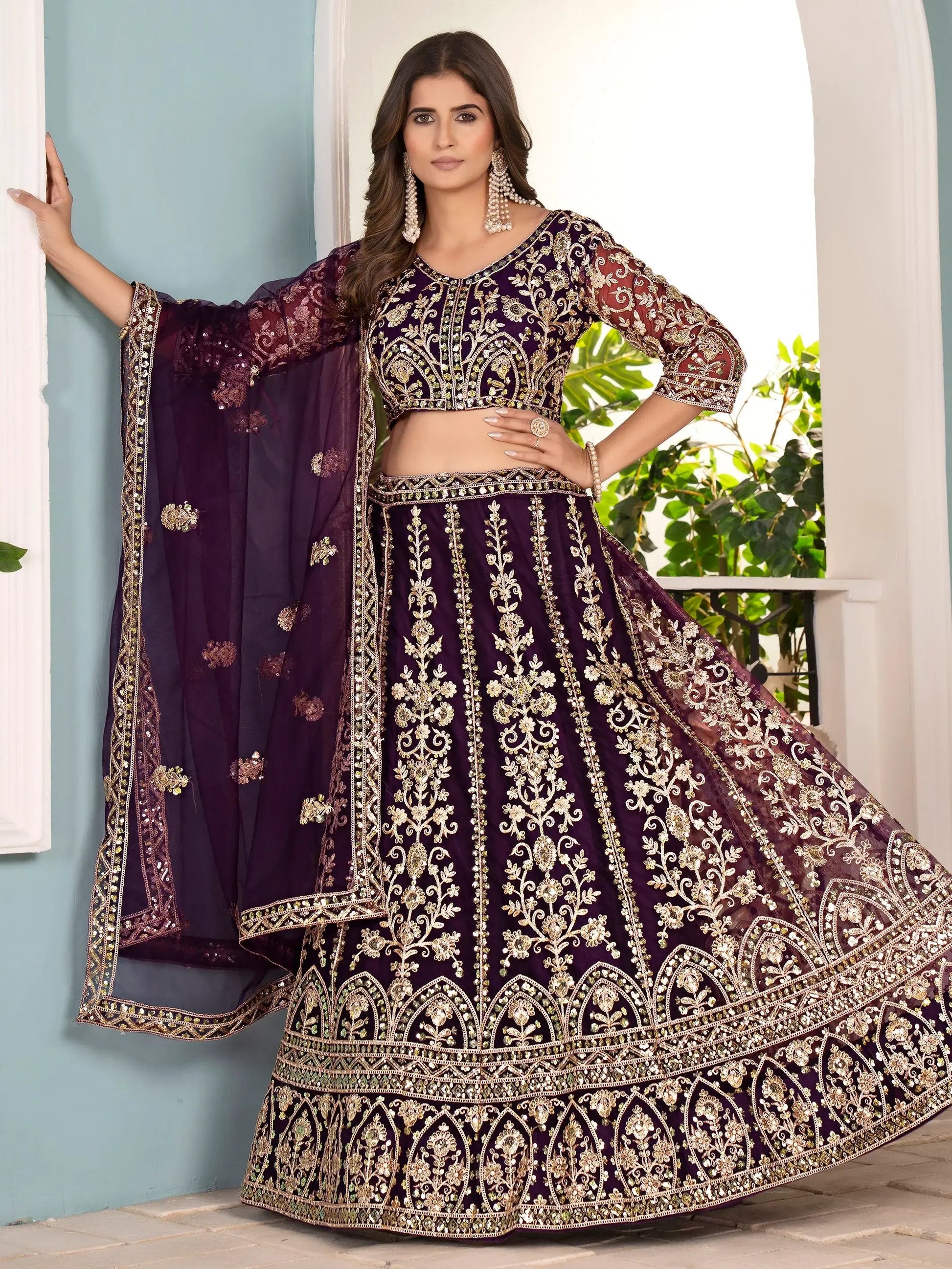 Magnificent Wine Sequins Embroidery Net Bridesmaid Wear Lehenga Choli - Zeel Clothing