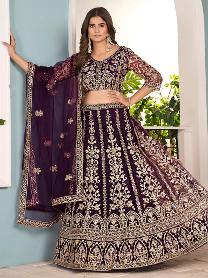 Magnificent Wine Sequins Embroidery Net Bridesmaid Wear Lehenga Choli - Zeel Clothing
