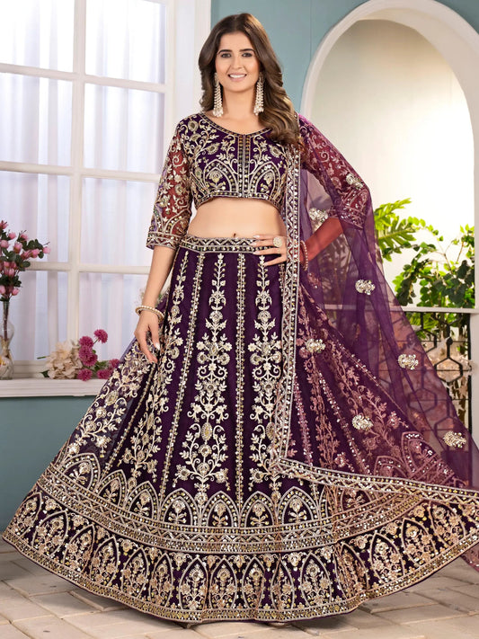 Magnificent Wine Sequins Embroidery Net Bridesmaid Wear Lehenga Choli - Zeel Clothing