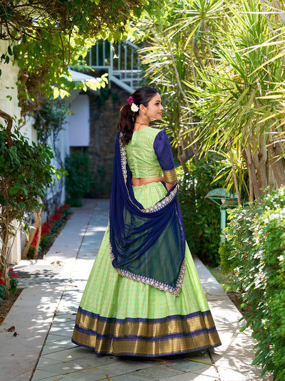 Pista Color Zari Weaving Work With Chex Lehenga Choli