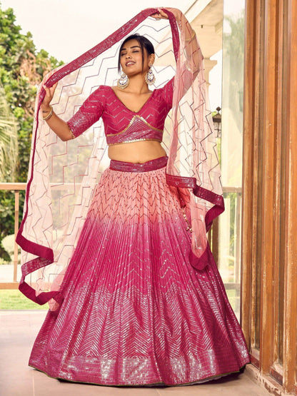 Majestic Pink Sequins Chinon Wedding Wear Lehenga Choli With Dupatta - Zeel Clothing