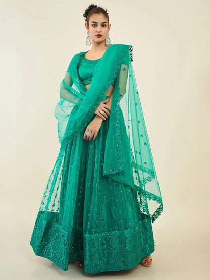 Majestic Teal Green Sequin Net Mehandi Wear Lehenga Choli With Dupatta - Zeel Clothing