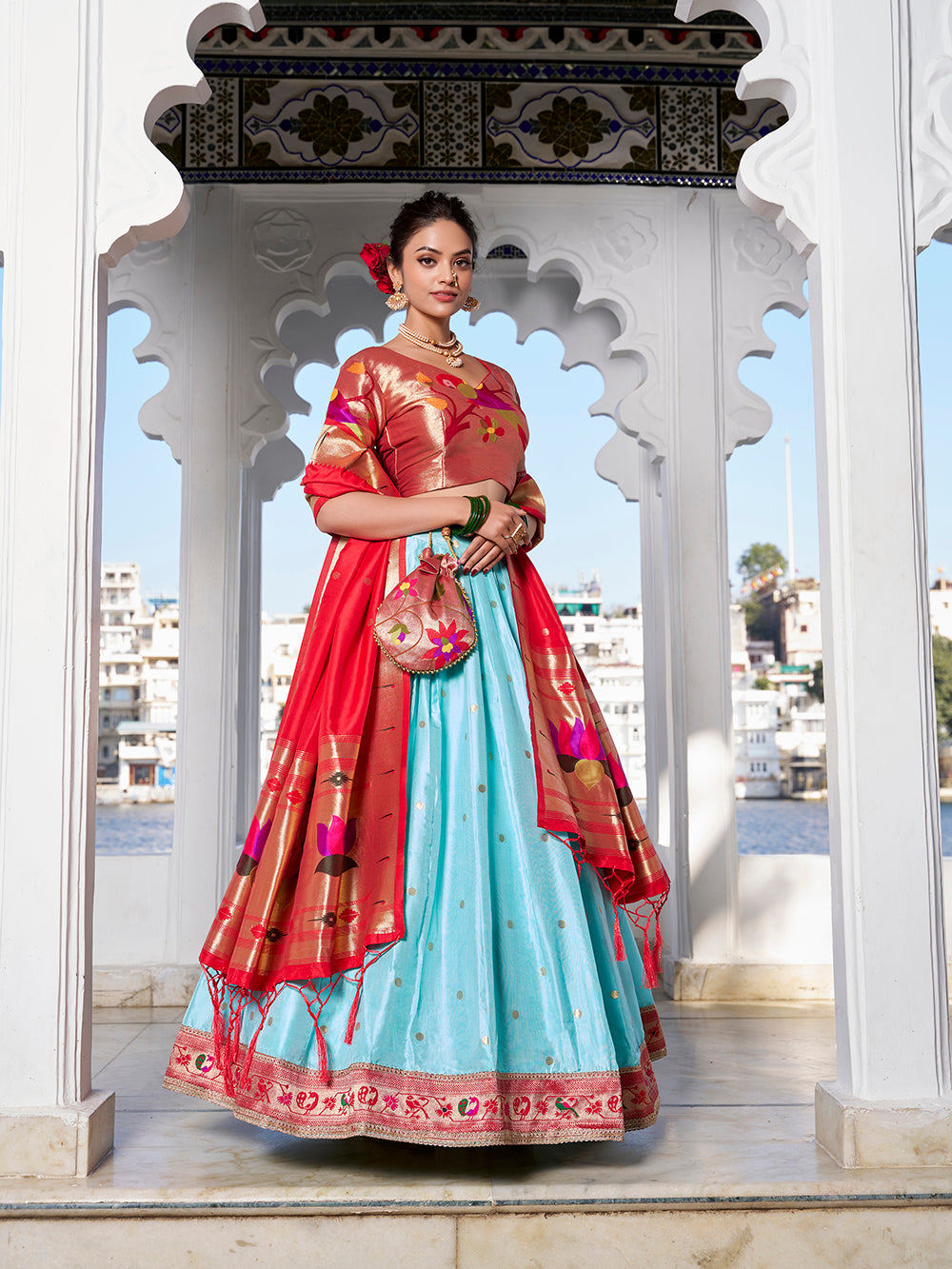 Sky Blue Weaving Zari Work With Jacquard Silk (Paithani) South Lehenga Choli