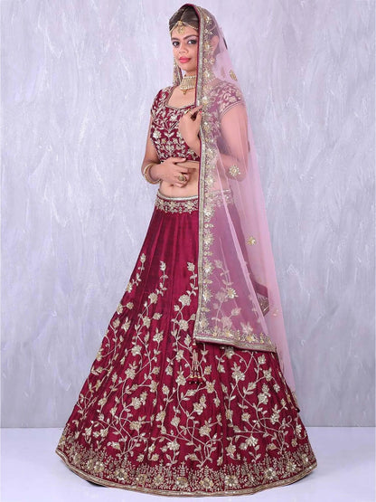 Maroon Applique Embroidery work Banglory Silk Lehenga Choli - Zeel Clothing