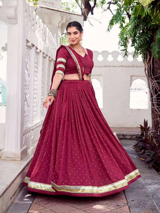 Maroon Color Zari Weaving Work With Embossed Design Chanderi Lehenga Choli