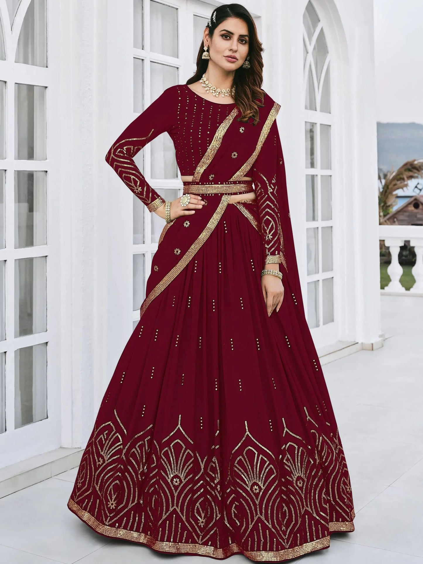 Maroon Sequins Georgette Wedding Wear Lehenga Choli - Zeel Clothing