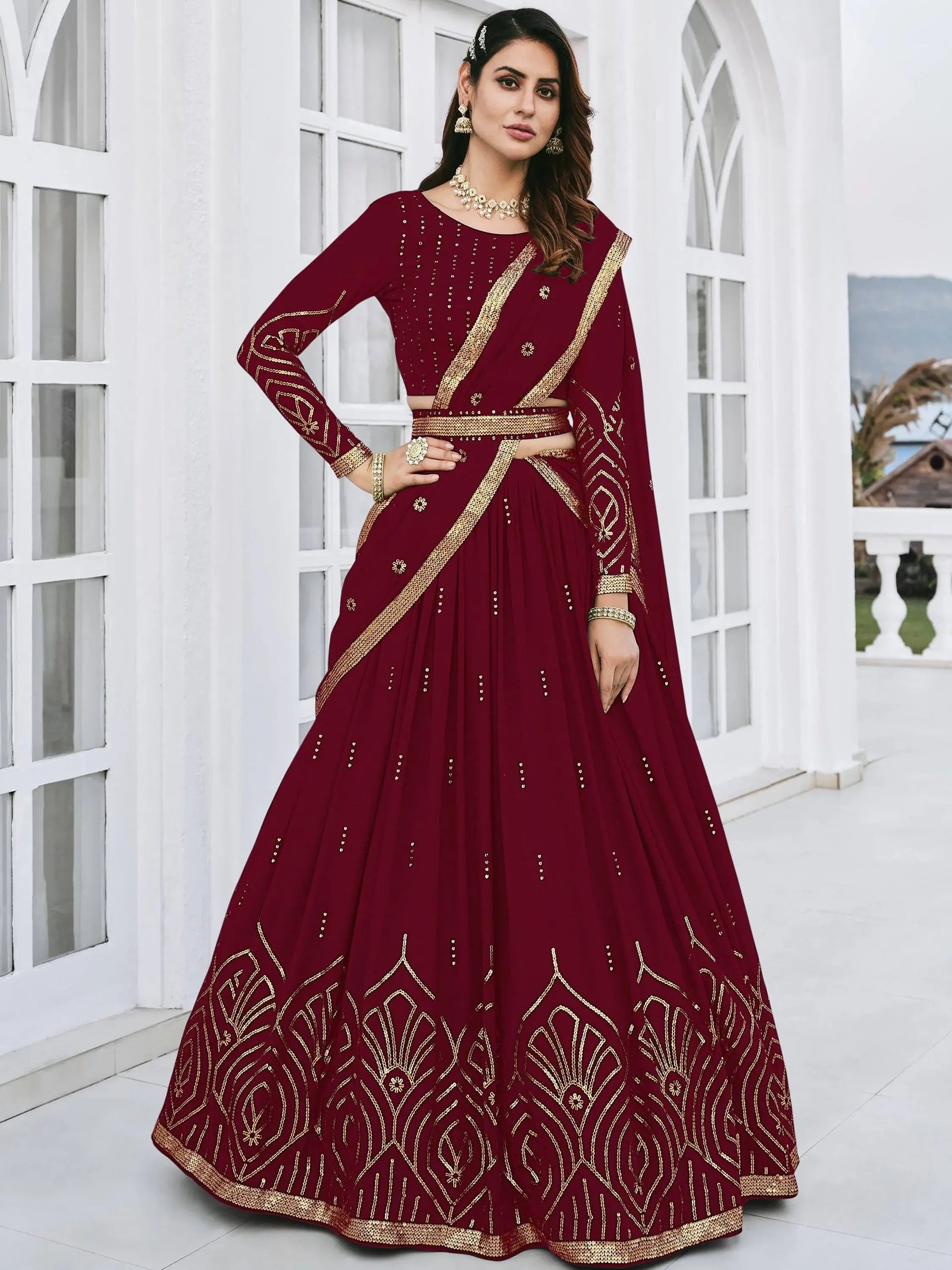 Maroon Sequins Georgette Wedding Wear Lehenga Choli - Zeel Clothing