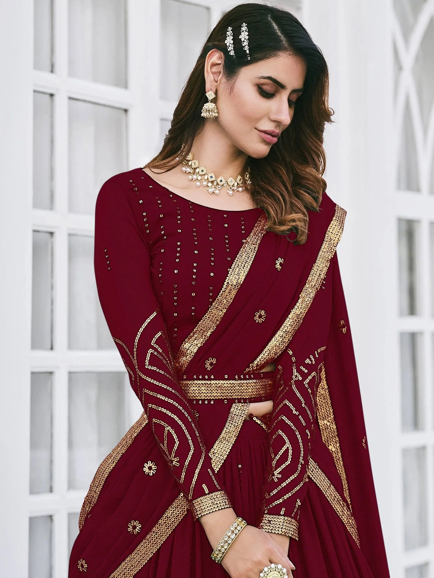 Maroon Sequins Georgette Wedding Wear Lehenga Choli - Zeel Clothing