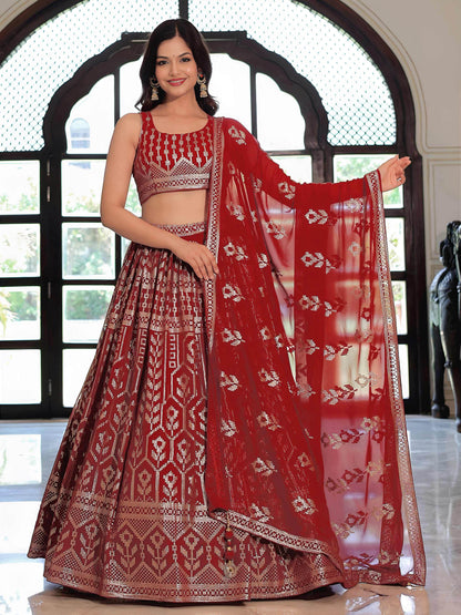 Noteworthy Maroon Sequins Georgette Reception Wear Lehenga Choli