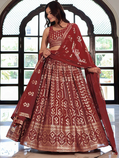 Noteworthy Maroon Sequins Georgette Reception Wear Lehenga Choli
