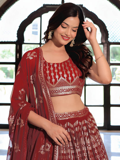 Noteworthy Maroon Sequins Georgette Reception Wear Lehenga Choli