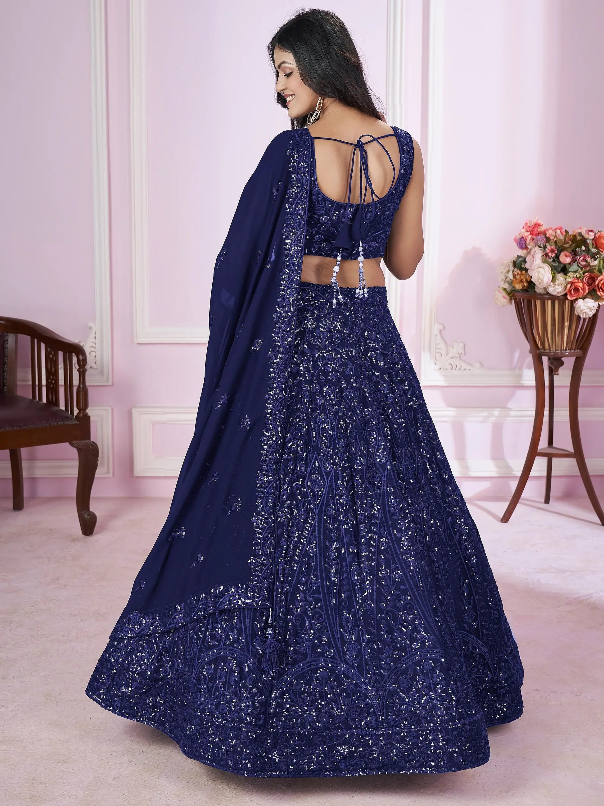 Marvelous Blue Sequins Georgette Engagement Wear Lehenga Choli - Zeel Clothing