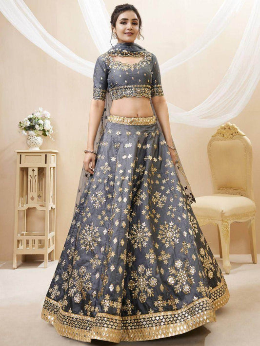 Marvelous Grey Paper Mirror Work Art Silk Reception Wear Lehenga Choli - Zeel Clothing