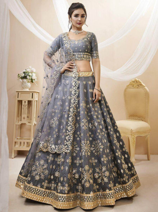 Marvelous Grey Paper Mirror Work Art Silk Reception Wear Lehenga Choli - Zeel Clothing