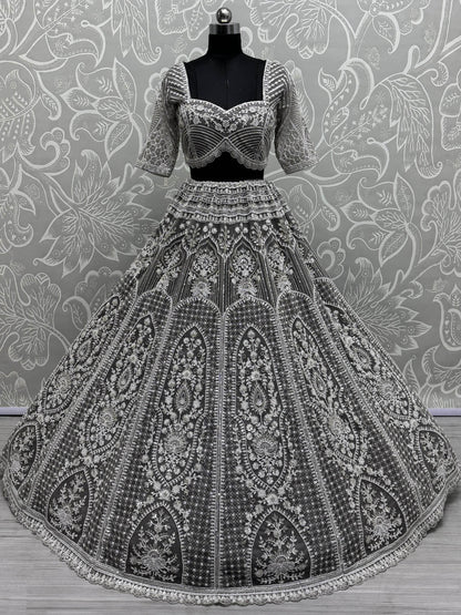 Marvelous Grey Pearl Work Net Bridesmaid Lehenga Choli With Dupatta - Zeel Clothing