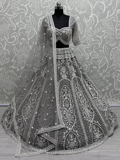 Marvelous Grey Pearl Work Net Bridesmaid Lehenga Choli With Dupatta - Zeel Clothing