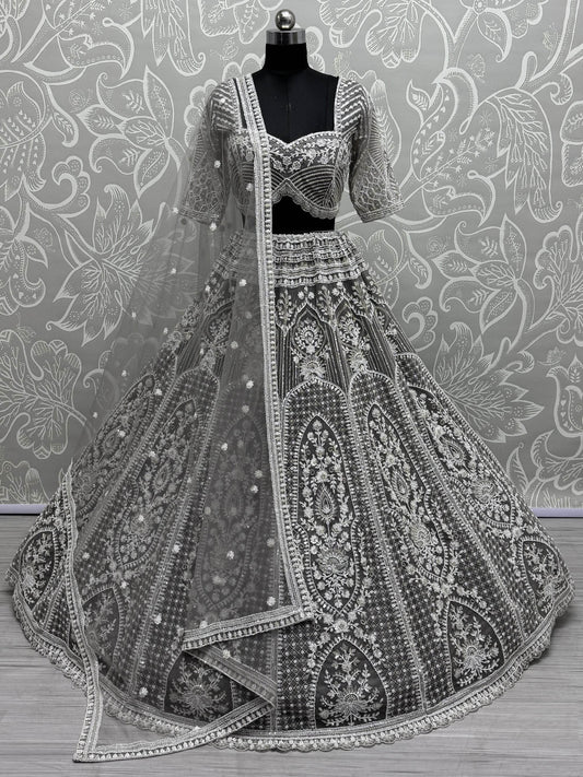 Marvelous Grey Pearl Work Net Bridesmaid Lehenga Choli With Dupatta - Zeel Clothing