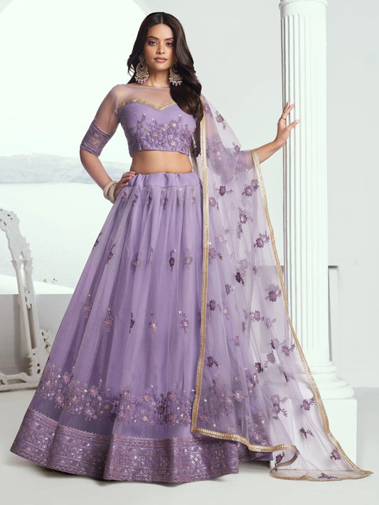 Marvelous Lavender Sequins Net Bridesmaid Lehenga Choli With Dupatta - Zeel Clothing