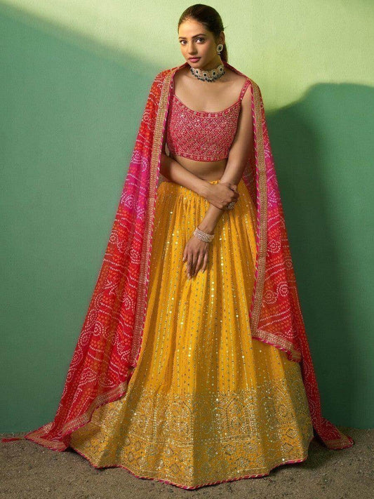 Marvelous Mustard Yellow Sequins Georgette Lehenga Choli with Dupatta - Zeel Clothing