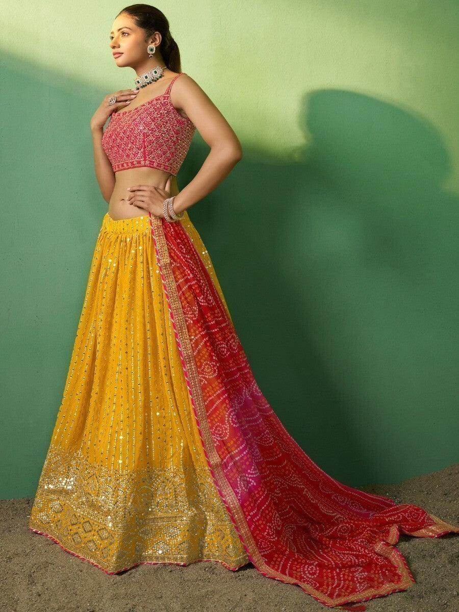 Marvelous Mustard Yellow Sequins Georgette Lehenga Choli with Dupatta - Zeel Clothing