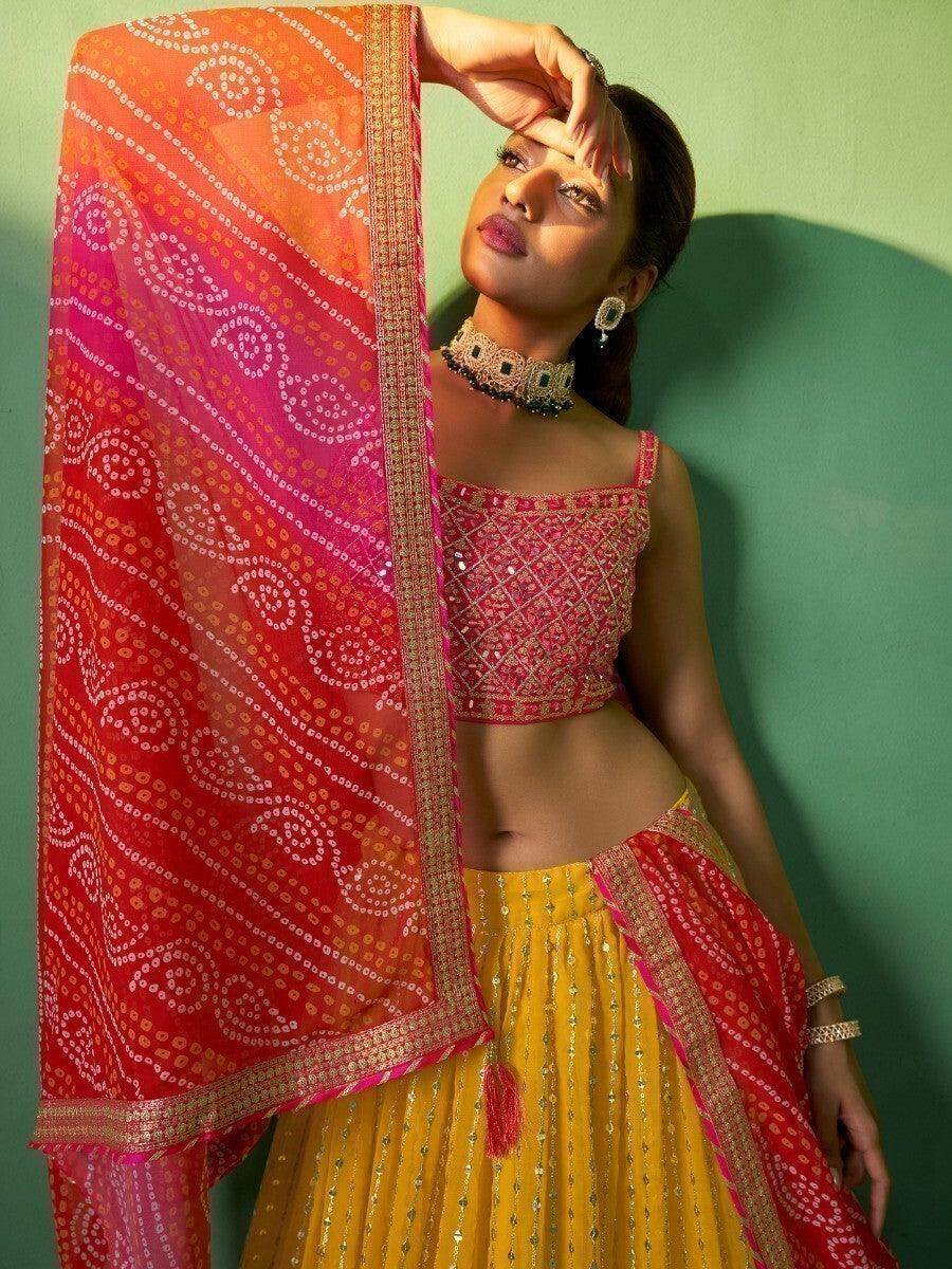 Marvelous Mustard Yellow Sequins Georgette Lehenga Choli with Dupatta - Zeel Clothing