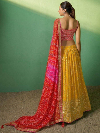 Marvelous Mustard Yellow Sequins Georgette Lehenga Choli with Dupatta - Zeel Clothing