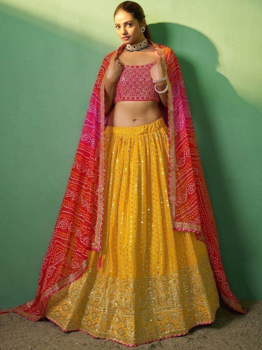 Marvelous Mustard Yellow Sequins Georgette Lehenga Choli with Dupatta - Zeel Clothing