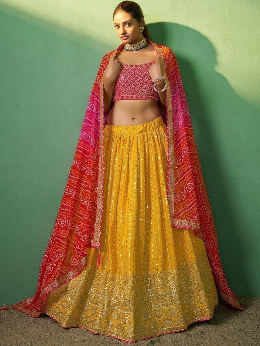 Marvelous Mustard Yellow Sequins Georgette Lehenga Choli with Dupatta - Zeel Clothing