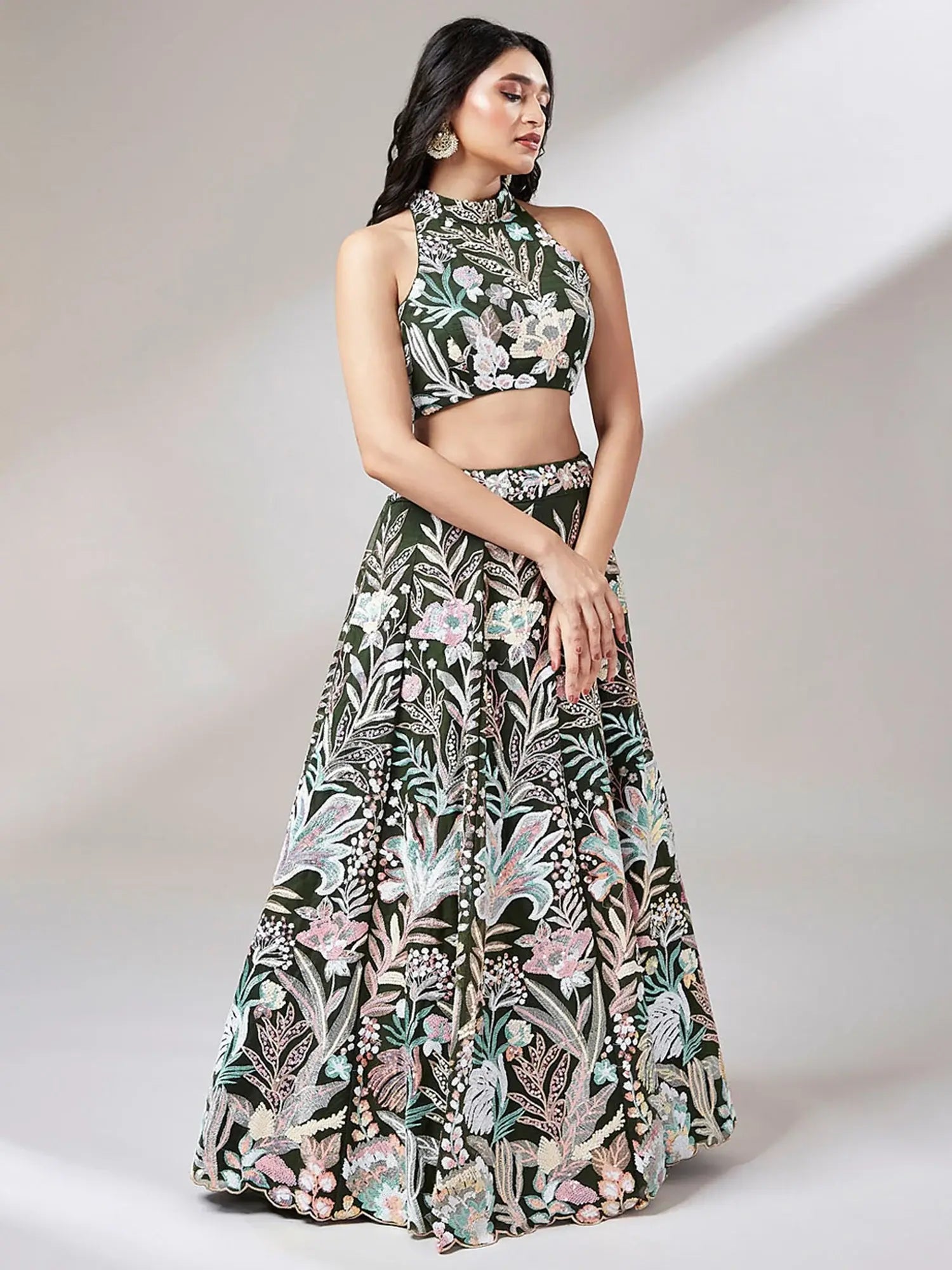 Marvelous Olive Green Sequins Net Mehendi Wear Lehenga Choli - Zeel Clothing