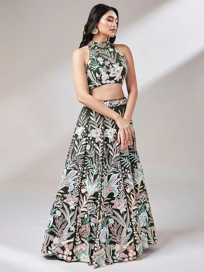 Marvelous Olive Green Sequins Net Mehendi Wear Lehenga Choli - Zeel Clothing