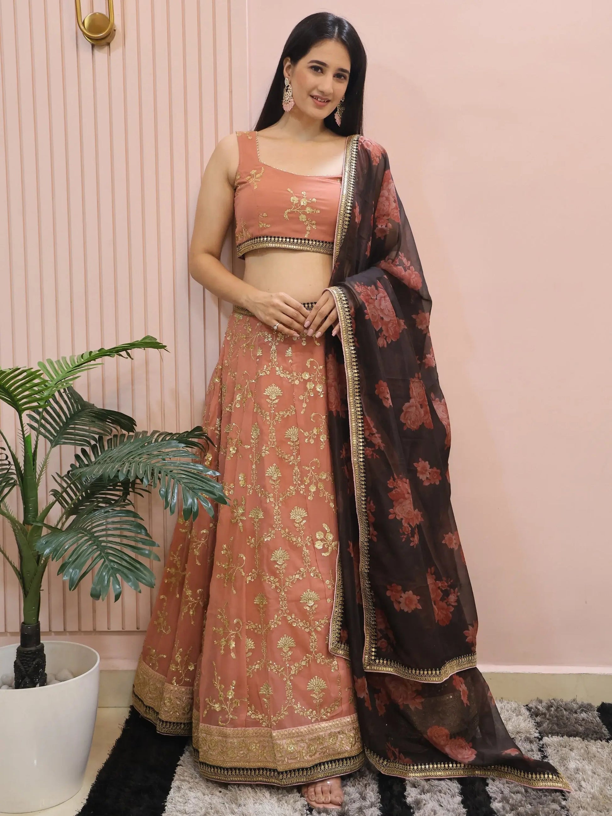 Marvelous Peach Sequins Georgette Bridesmaid Lehenga Choli With Dupatta - Zeel Clothing