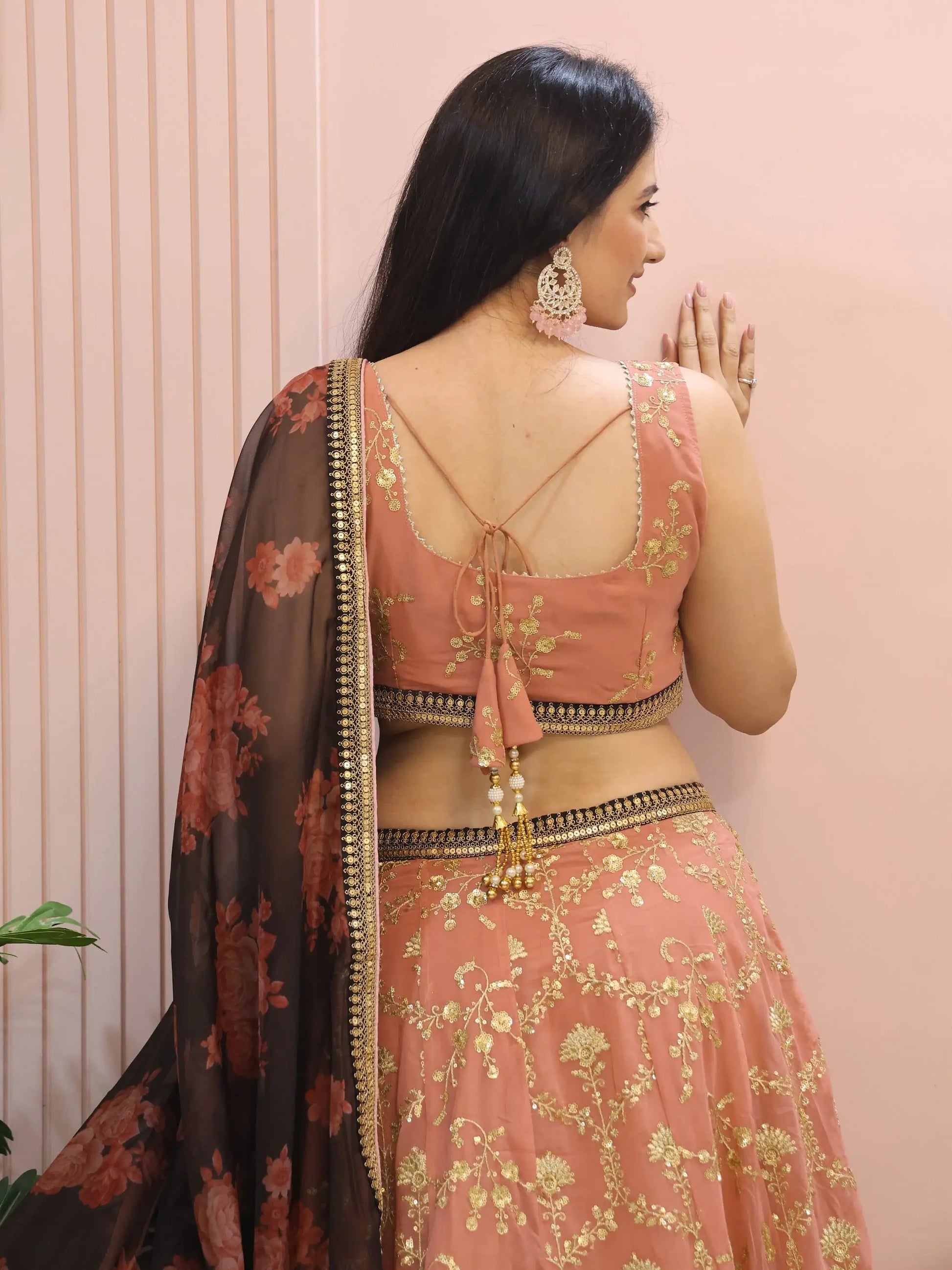 Marvelous Peach Sequins Georgette Bridesmaid Lehenga Choli With Dupatta - Zeel Clothing