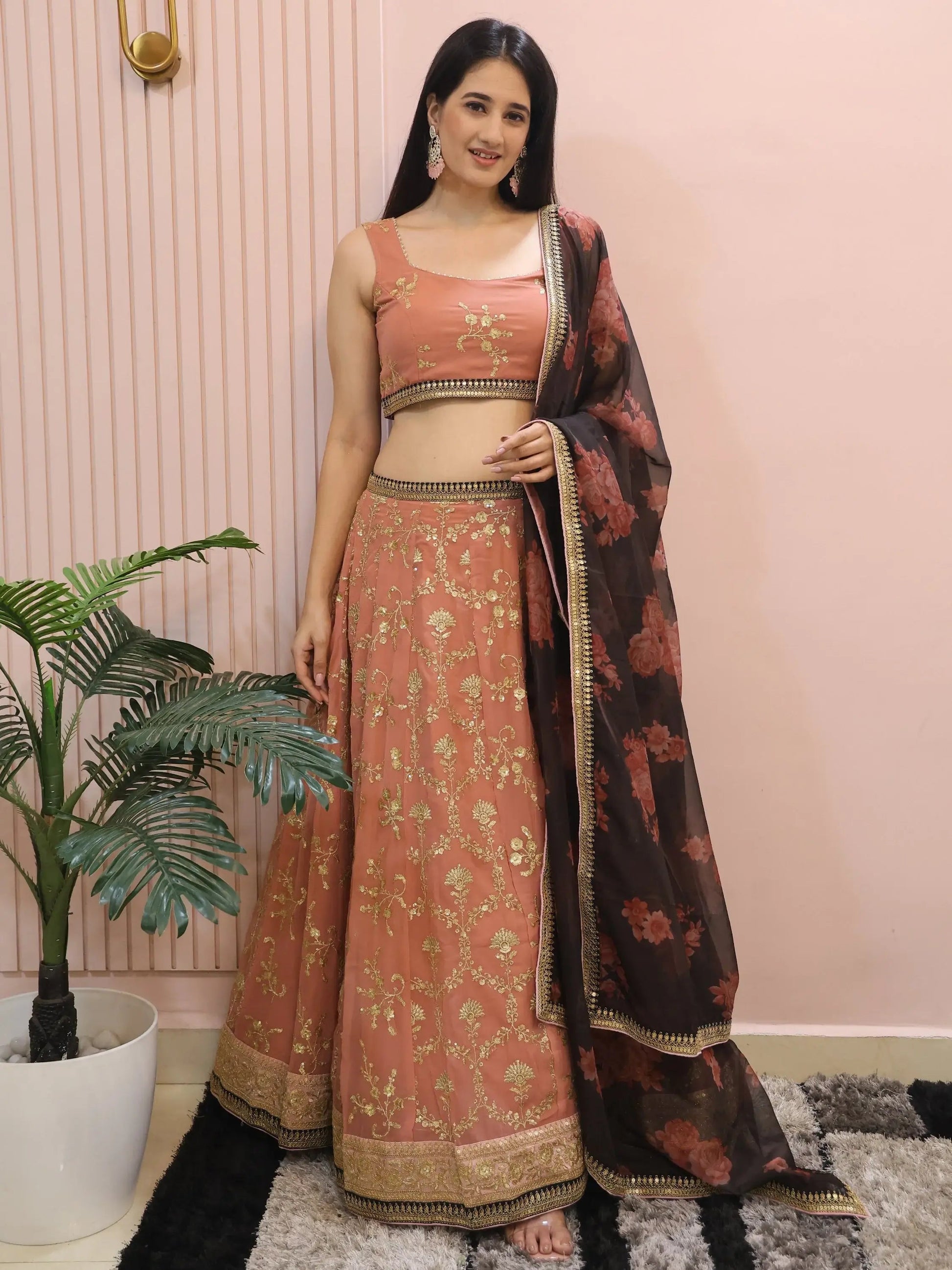 Marvelous Peach Sequins Georgette Bridesmaid Lehenga Choli With Dupatta - Zeel Clothing