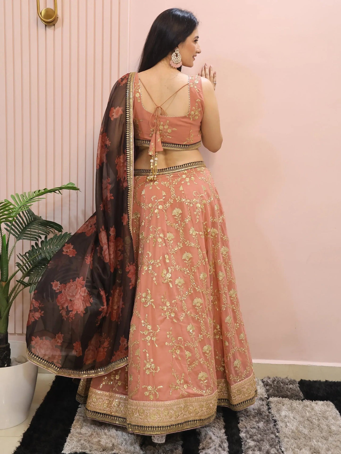 Marvelous Peach Sequins Georgette Bridesmaid Lehenga Choli With Dupatta - Zeel Clothing