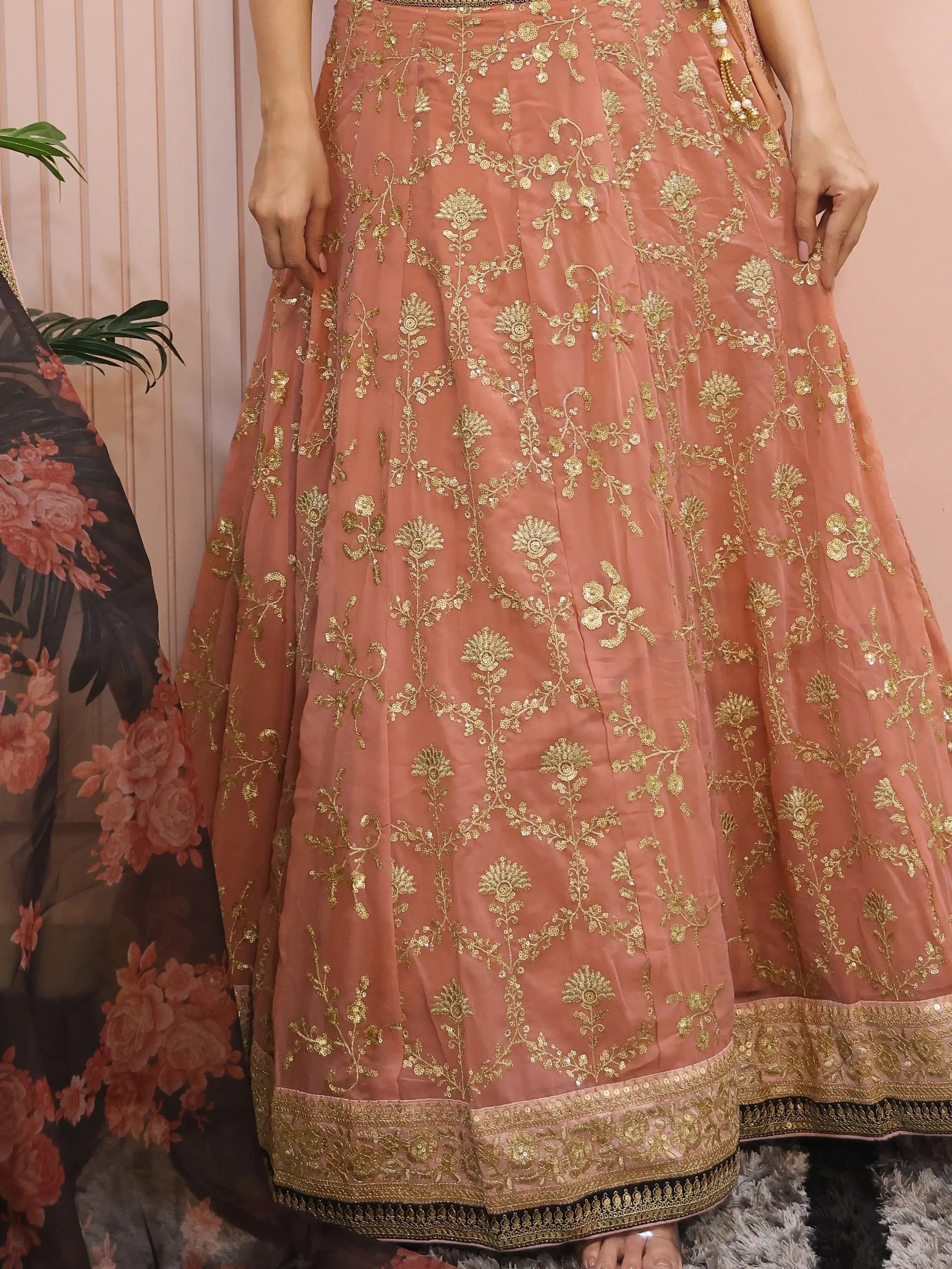 Marvelous Peach Sequins Georgette Bridesmaid Lehenga Choli With Dupatta - Zeel Clothing
