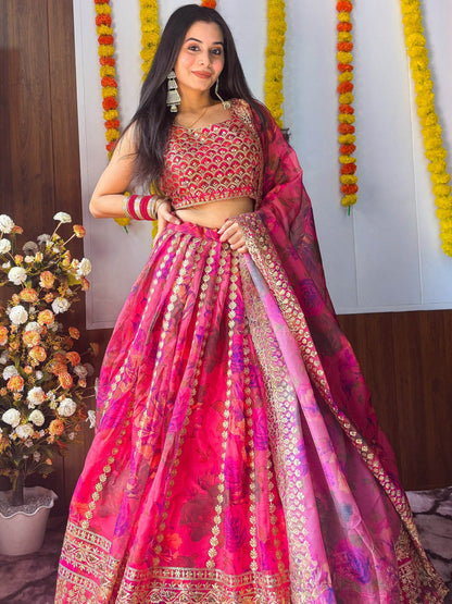 Marvelous Pink Zari Embroidery Organza Bridesmaid Lehenga Choli - Zeel Clothing