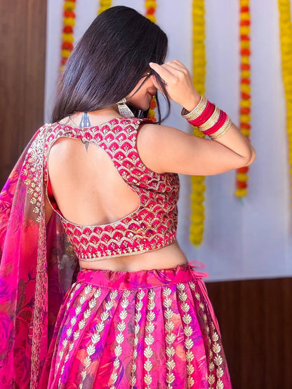 Marvelous Pink Zari Embroidery Organza Bridesmaid Lehenga Choli - Zeel Clothing