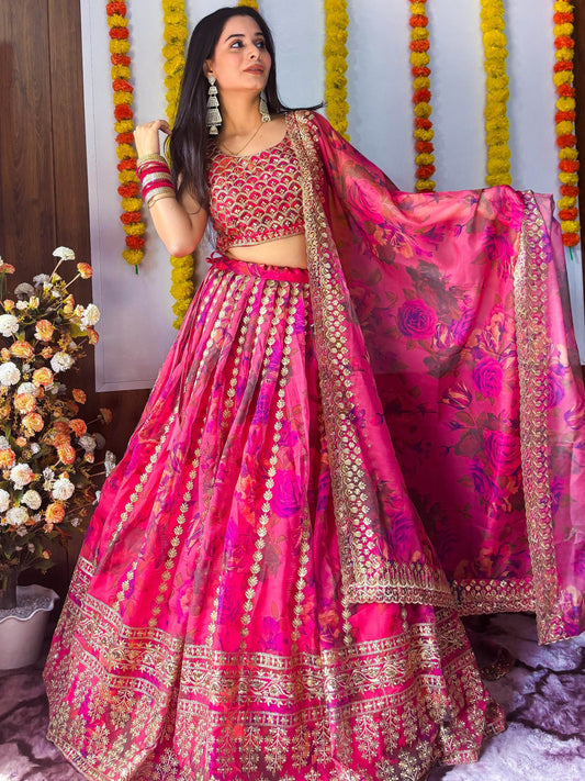 Marvelous Pink Zari Embroidery Organza Bridesmaid Lehenga Choli - Zeel Clothing