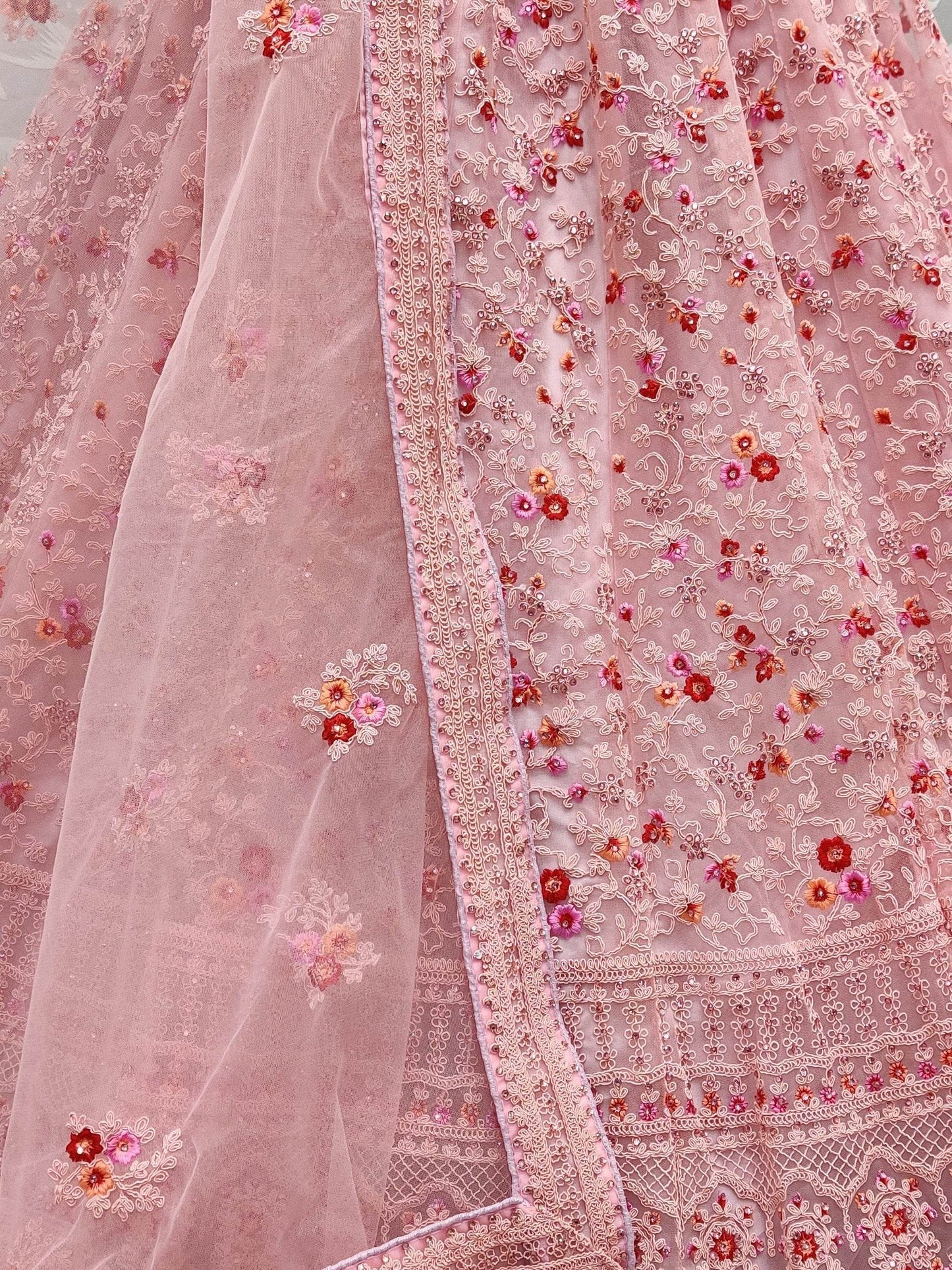 Marvelous Pink Zircon Work Net Bridesmaid Lehenga Choli With Dupatta - Zeel Clothing