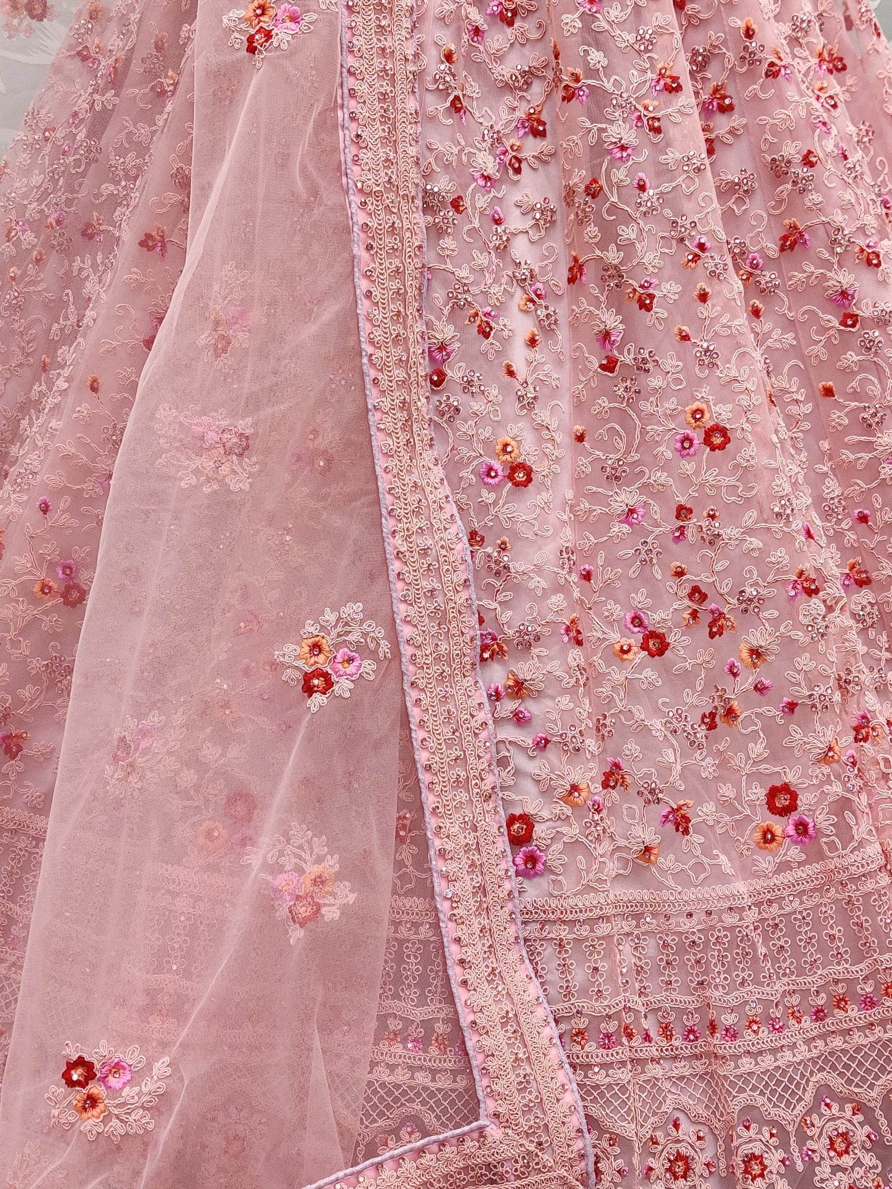 Marvelous Pink Zircon Work Net Bridesmaid Lehenga Choli With Dupatta - Zeel Clothing
