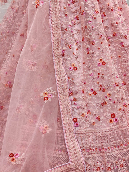 Marvelous Pink Zircon Work Net Bridesmaid Lehenga Choli With Dupatta - Zeel Clothing