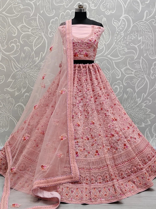 Marvelous Pink Zircon Work Net Bridesmaid Lehenga Choli With Dupatta - Zeel Clothing