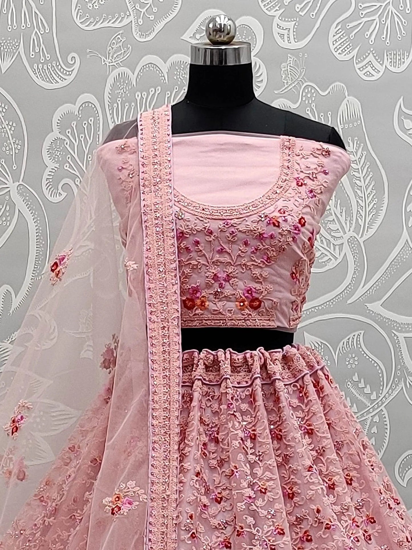 Marvelous Pink Zircon Work Net Bridesmaid Lehenga Choli With Dupatta - Zeel Clothing