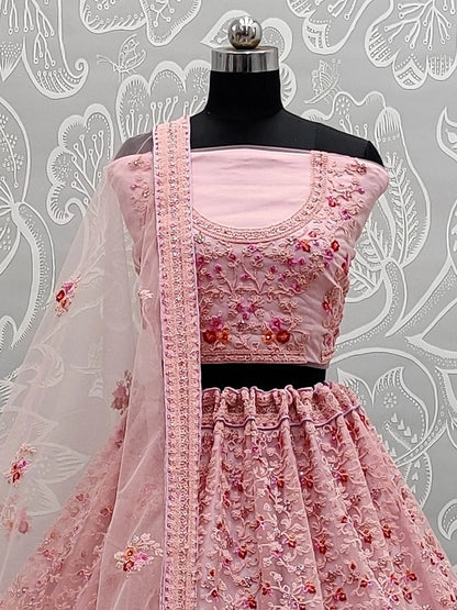 Marvelous Pink Zircon Work Net Bridesmaid Lehenga Choli With Dupatta - Zeel Clothing