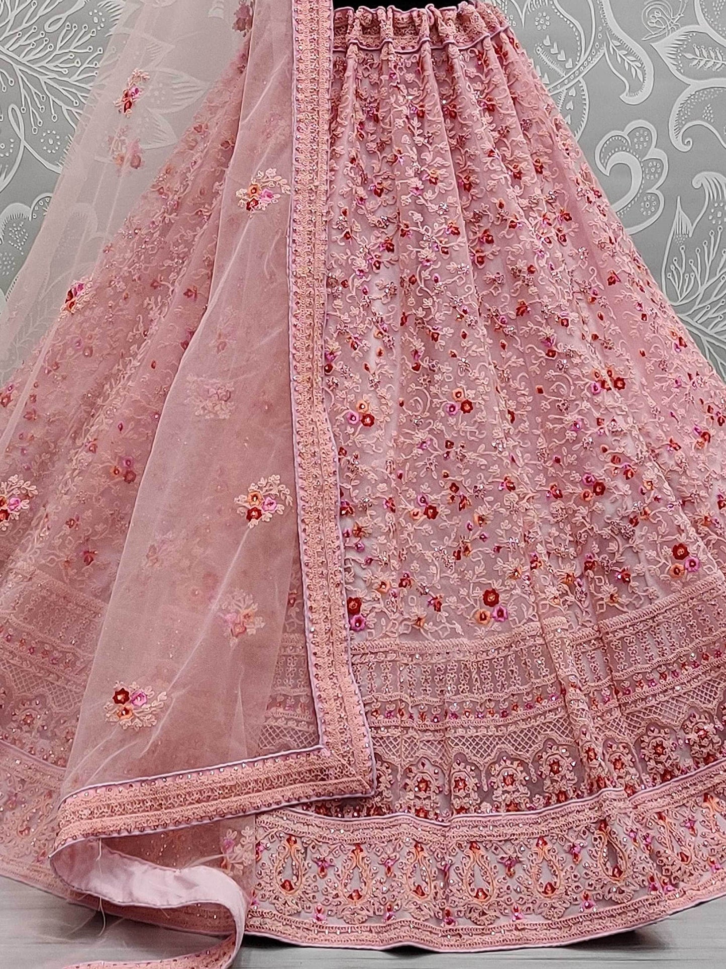 Marvelous Pink Zircon Work Net Bridesmaid Lehenga Choli With Dupatta - Zeel Clothing