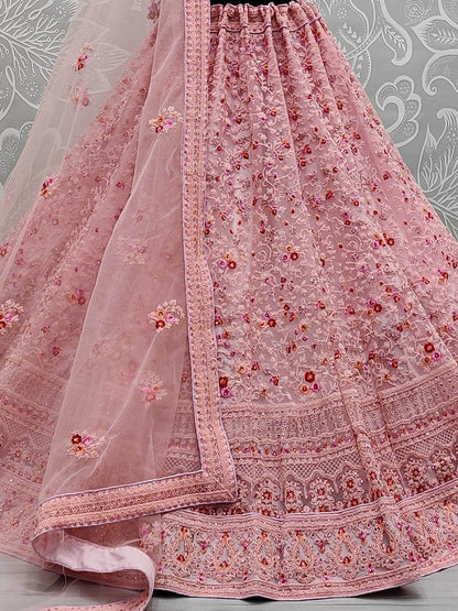 Marvelous Pink Zircon Work Net Bridesmaid Lehenga Choli With Dupatta - Zeel Clothing