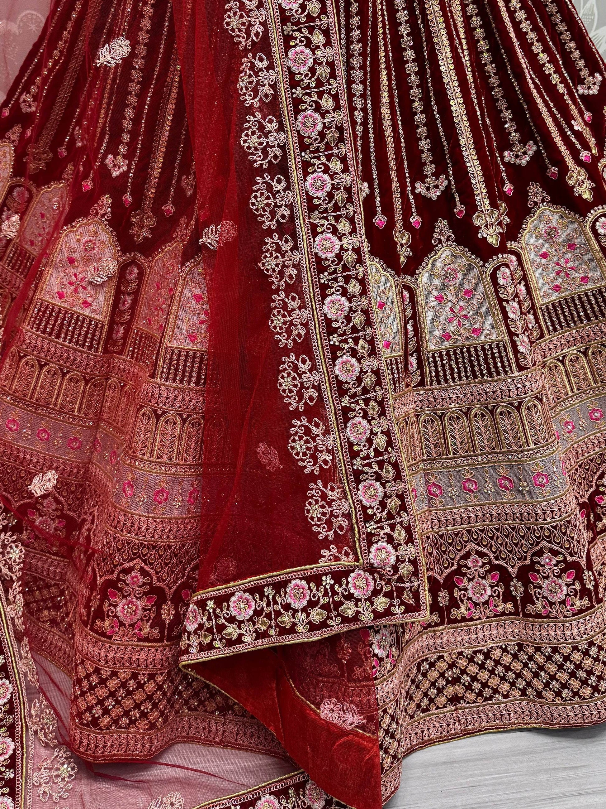 Marvelous Red Embroidered Velvet Bridal Lehenga Choli - Zeel Clothing